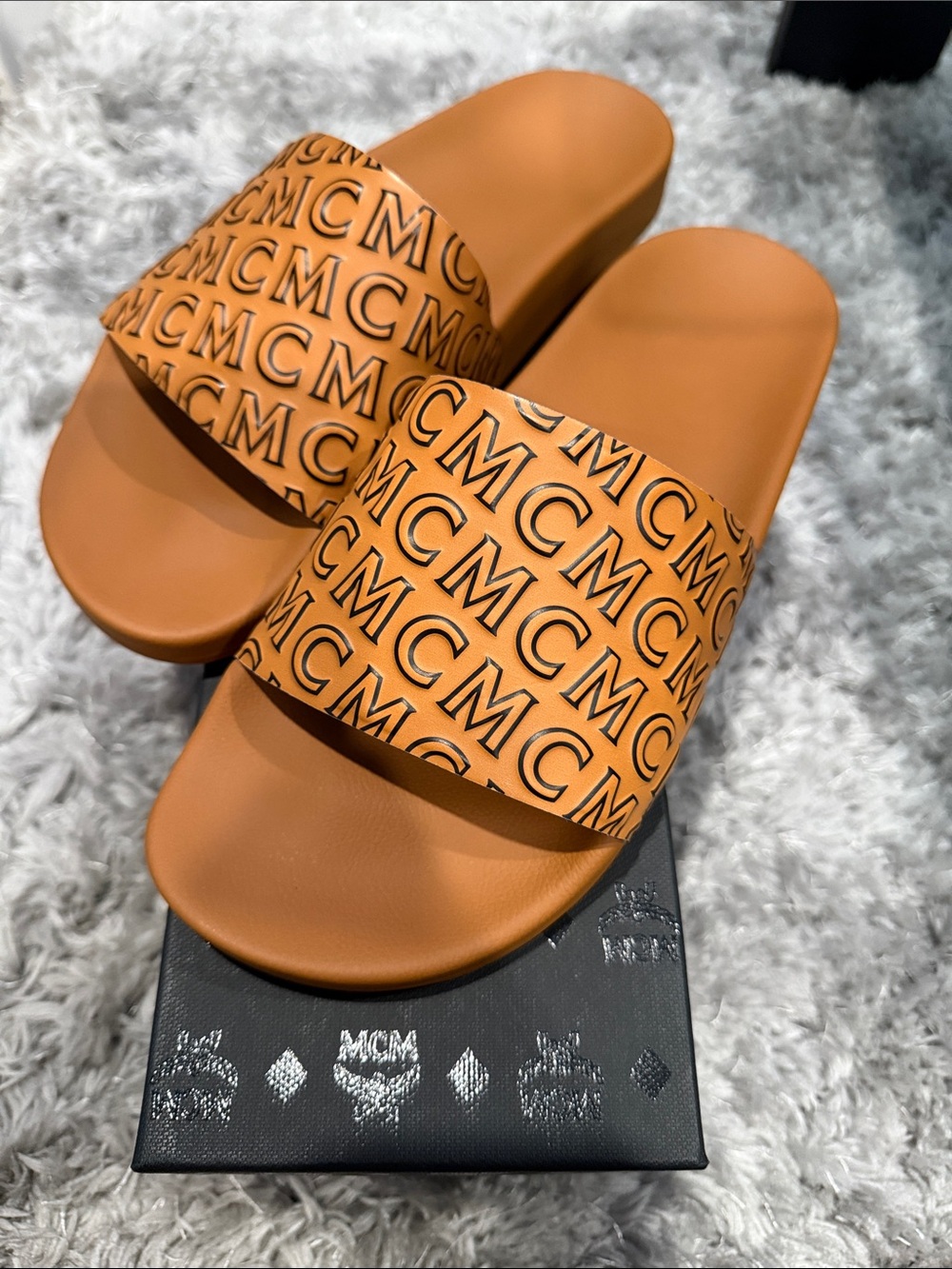 MCM Tan Logo Slide Sandals